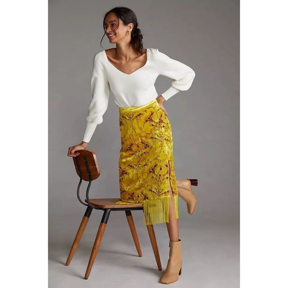 Anthropologie Slim Fringed Velvet Midi Skirt Flowy High Waisted Yellow 0P NEW